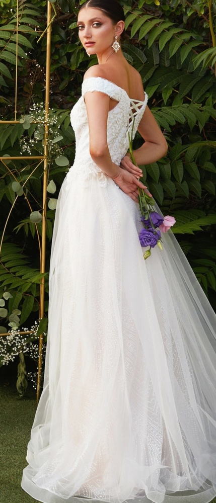 New long  off the shoulder lace tulle lace up back wedding dress,bridal gown - Picture 4 of 8